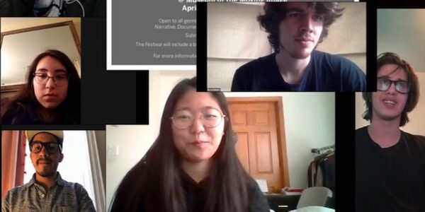 Teenagers in different screens looking at the camera