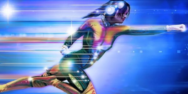 Superhero woman flying through the air in a video game