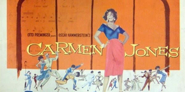 A poster of Carmen Jones featuring an illustration of Dorothy Dandridge singing and smiling