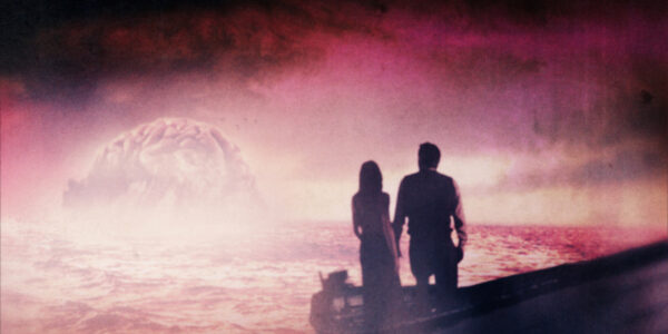 Two figures silhouetted standing on a rowboat in front of a red mist, with a gigantic cloud shaped like a brain in the distance.