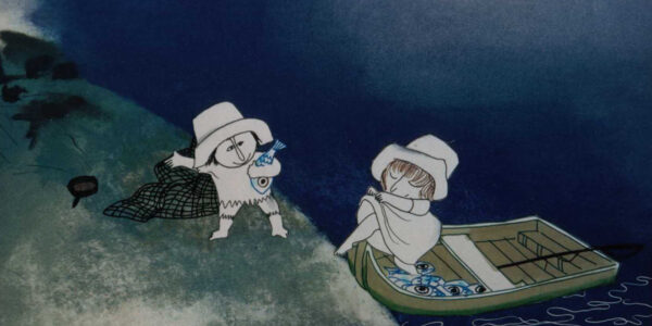 An animated image of two small human figures, the male helping the female figure out of a boat against an evening sky.