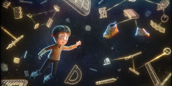 A boy reaching for his shoes in space.