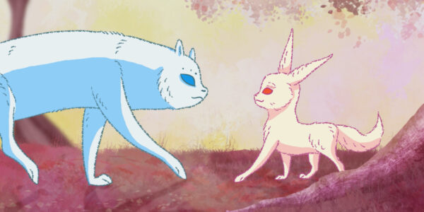 colorful drawing of big blue fox confronting a smaller red fox