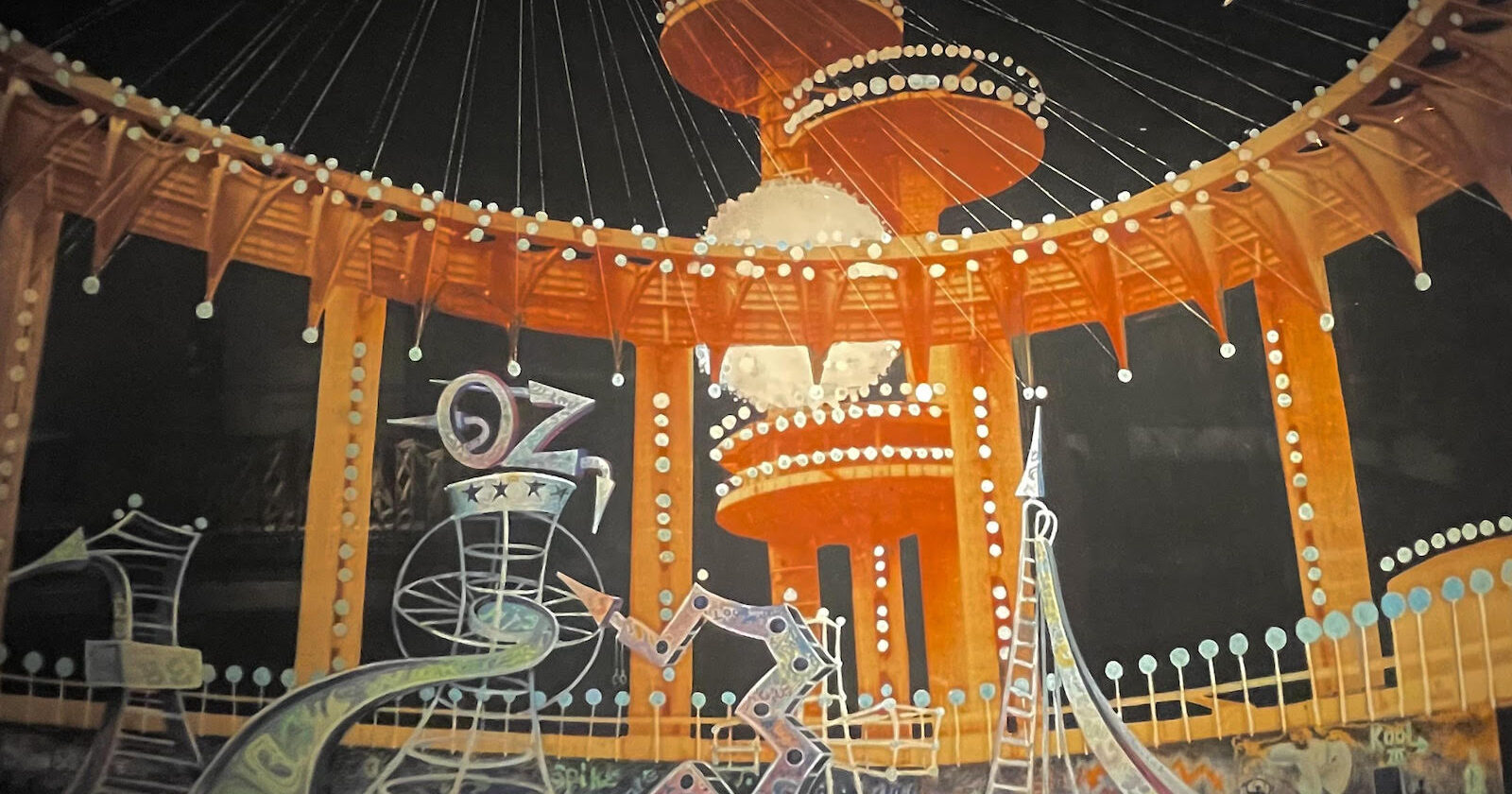 An orange and fellow artist's rendering of the Oz set from the movie THE WIZ