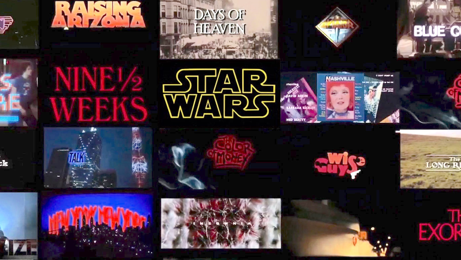 A grid of movie title designs, in different colors and styles