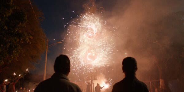 Two people silhouetted from behind looking at fireworks