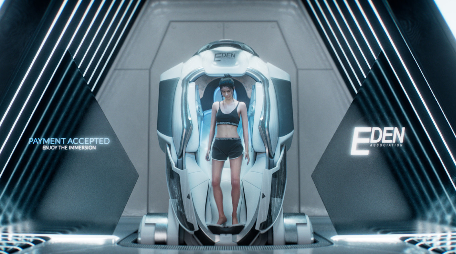 A woman stands in a futuristic portal marked "Eden"