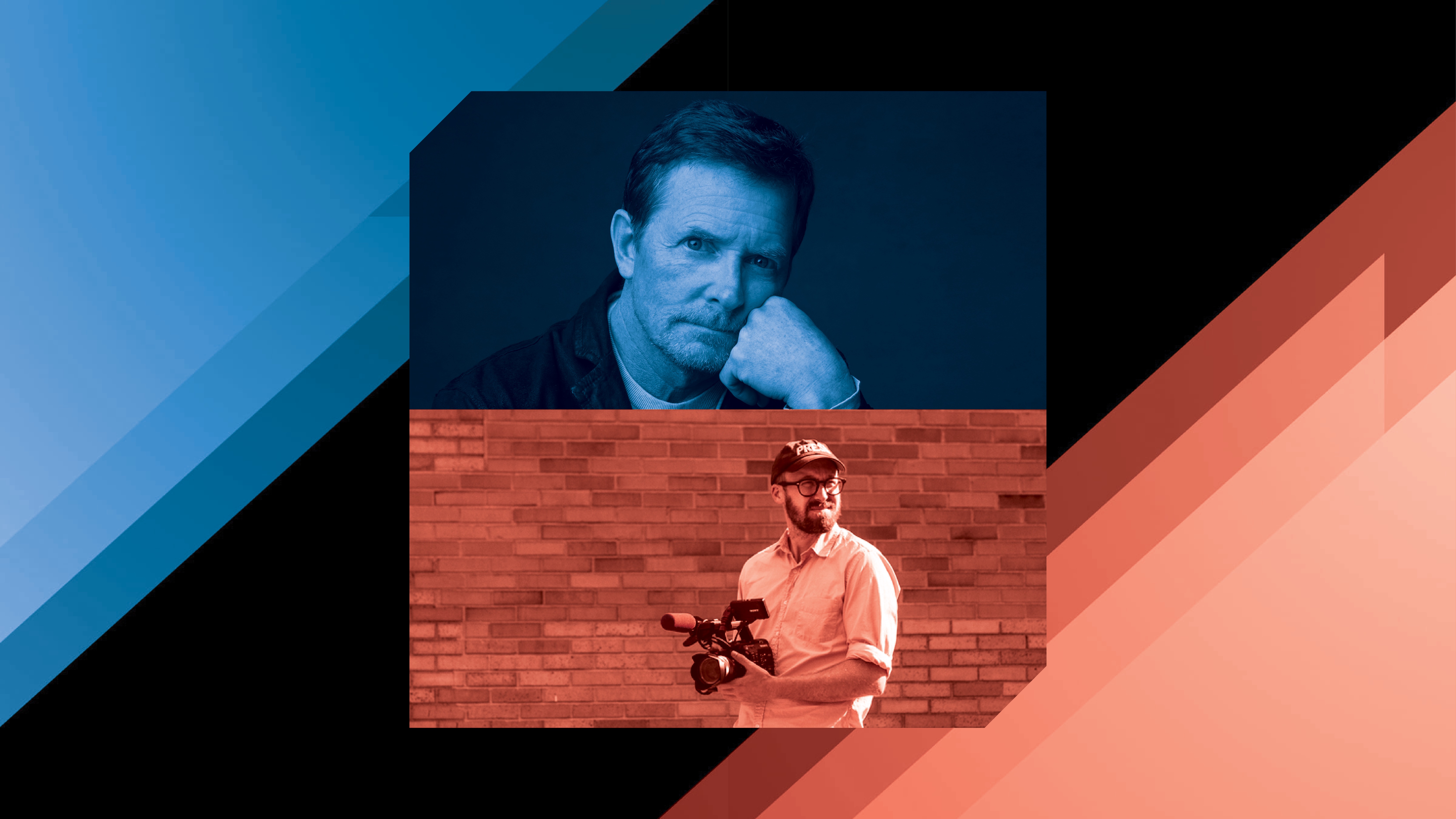 An image in blue and red of two stacked images, one of a man with his face on his chin and the one underneath holding a camera