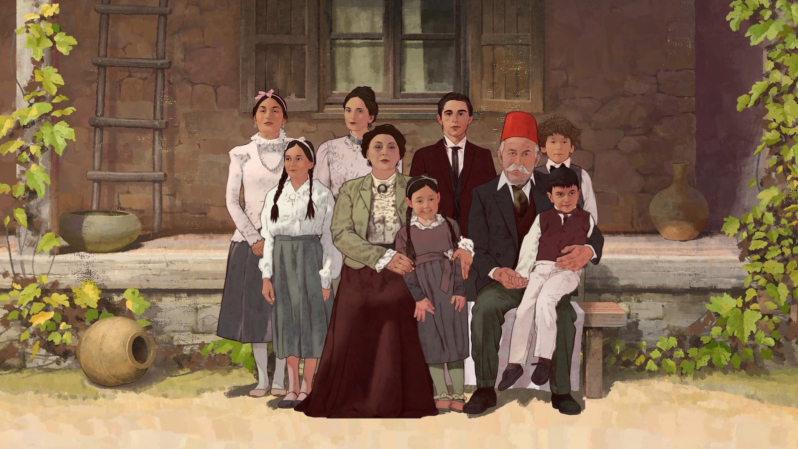 A family poses outsider in front of a house, arranged for a photo and looking at camera