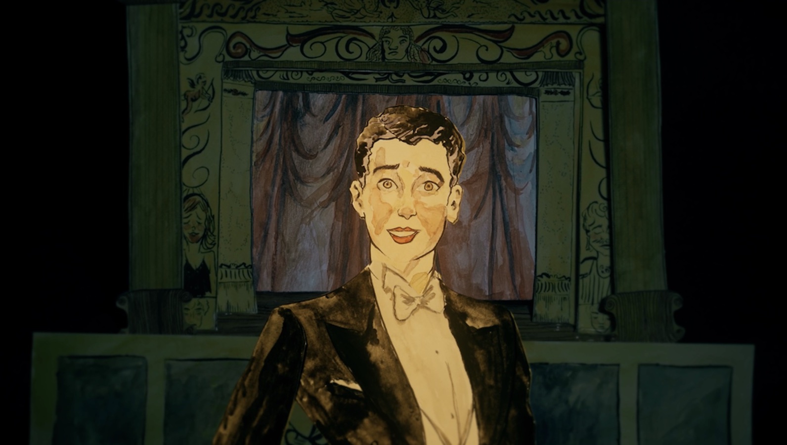 A cartoon drawing of a man in a tuxedo smiling and looking out at camera