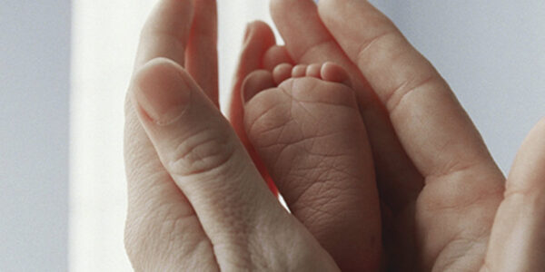 A tiny baby foot cradled in two adult hands in closeup