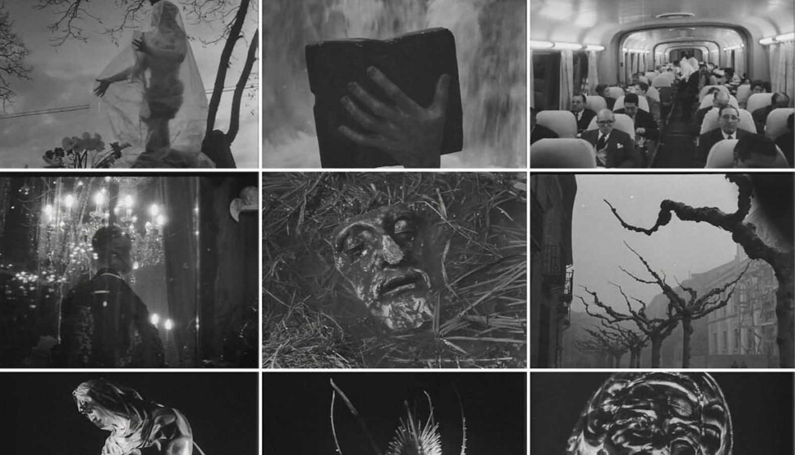 A series of small rectangular images in black and white, of bare gnarled trees and stone faces and people on a train car