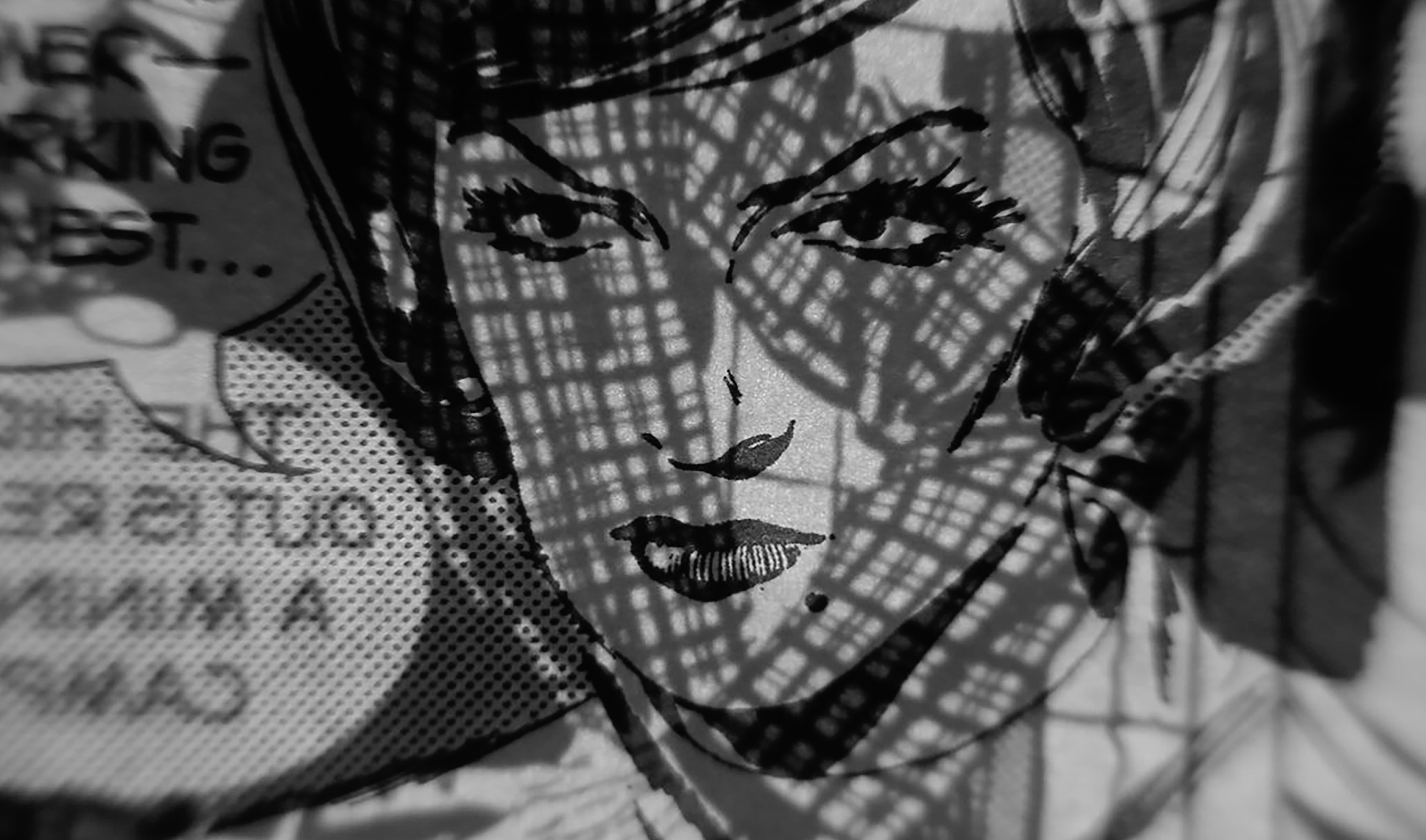 A graphic illustration of a woman looking with a serious expression on her face, with a backwards comic-strip thought bubble on the side of the frame