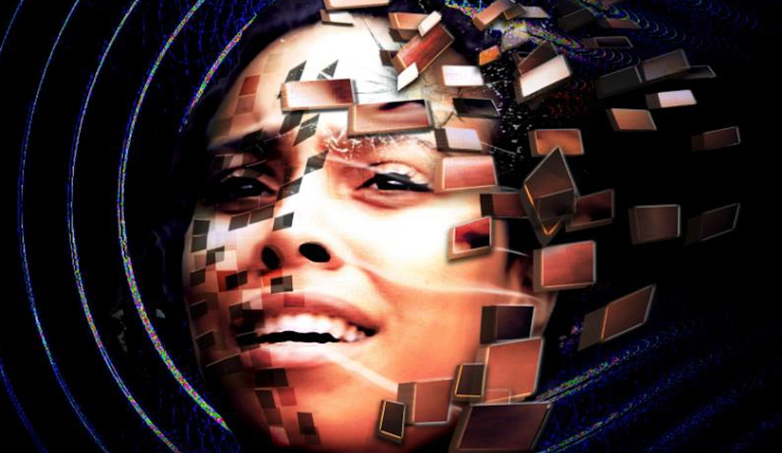 A close-up of a woman's face smiling as her face shatters into rectangular pixels