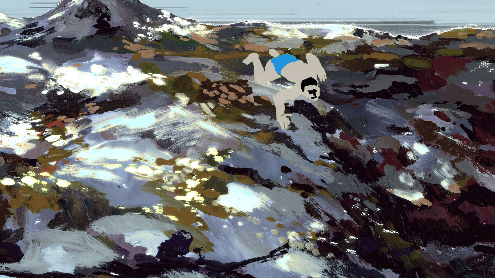 An abstract painting of a man surfing across a wave, made of gray and gold and blue water