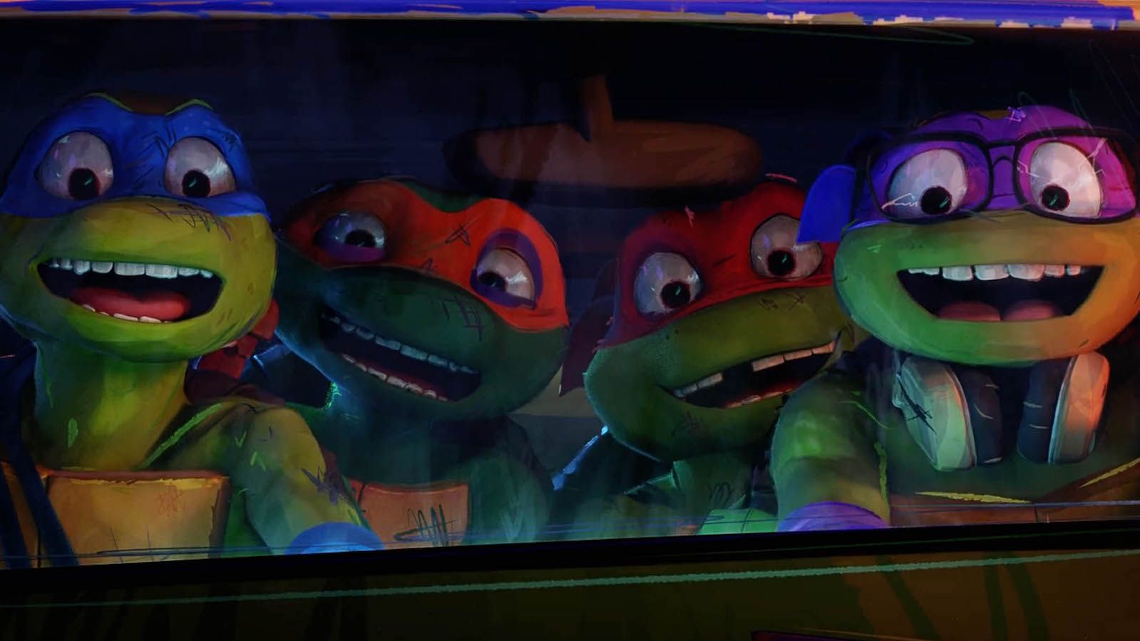 For animated turtles sit in a car with their mouths open in surprise