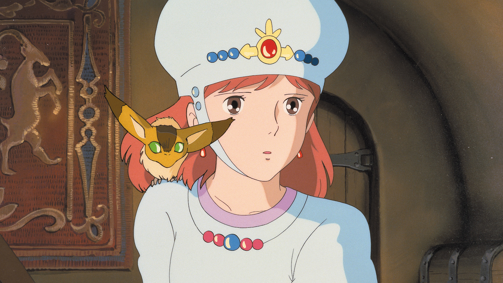 An animated image of a red-headed woman in white with a strange squirrel-like creature on her shoulder.