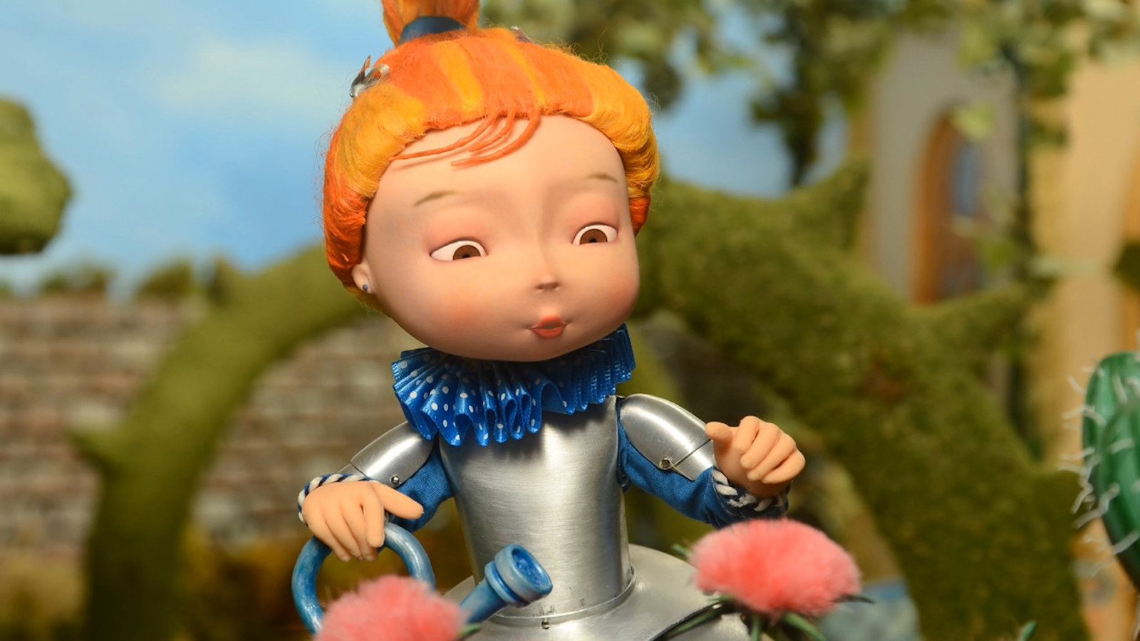 A computer generated animated character with orange hair and wearing armor waters pink flowers