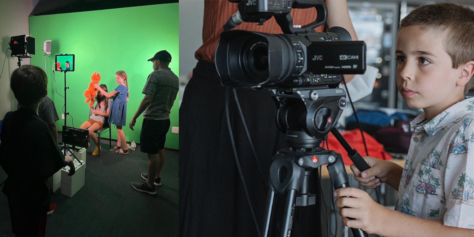 SMC WEBPAGE IMAGE JPG A diptych of images: on the left, two children with long hair hold an orange puppet in front of a green screen in a film studio; they are also on a monitor in front of them, with the silhouette of a child with short hair standing with his back to the camera in the foreground; an older person, perhaps a teacher, stands to the right; on the right side image, a young boy with short hair stands behind a video camera and looks through the viewfinder