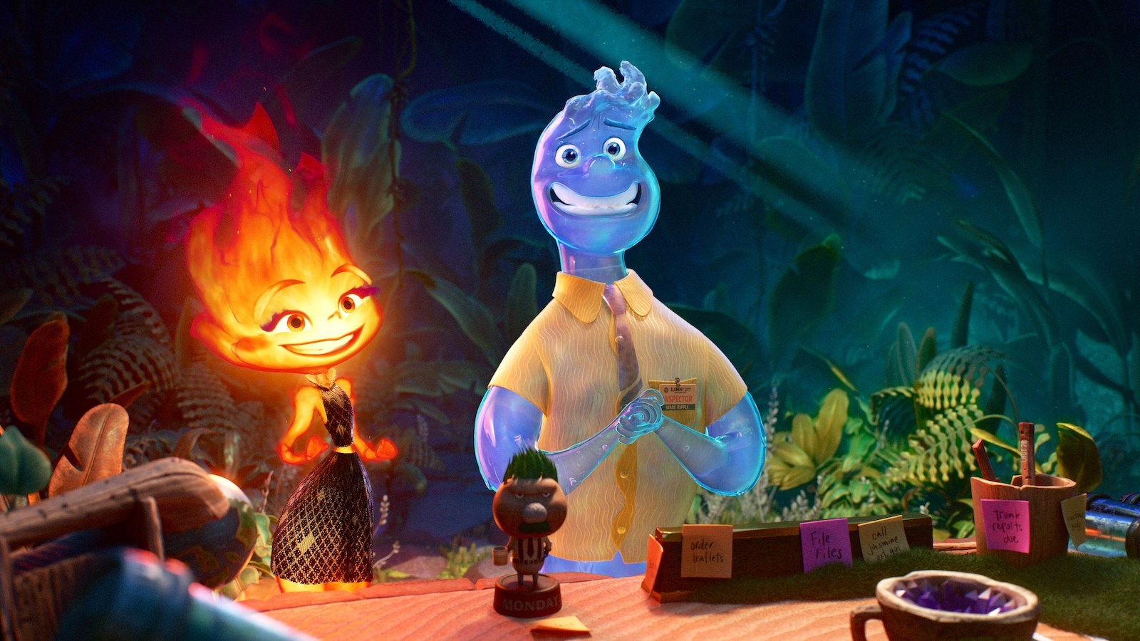 An animated image of an orange figure with a fiery head meant to represent the element fire standing at a table aside a blue figure with a liquid head meant to represent the element water; the fire character is featured as feminine, the water character is designed as traditionally male. Both smile, though the fire figure looks at the water figure, who looks away awkwardly.