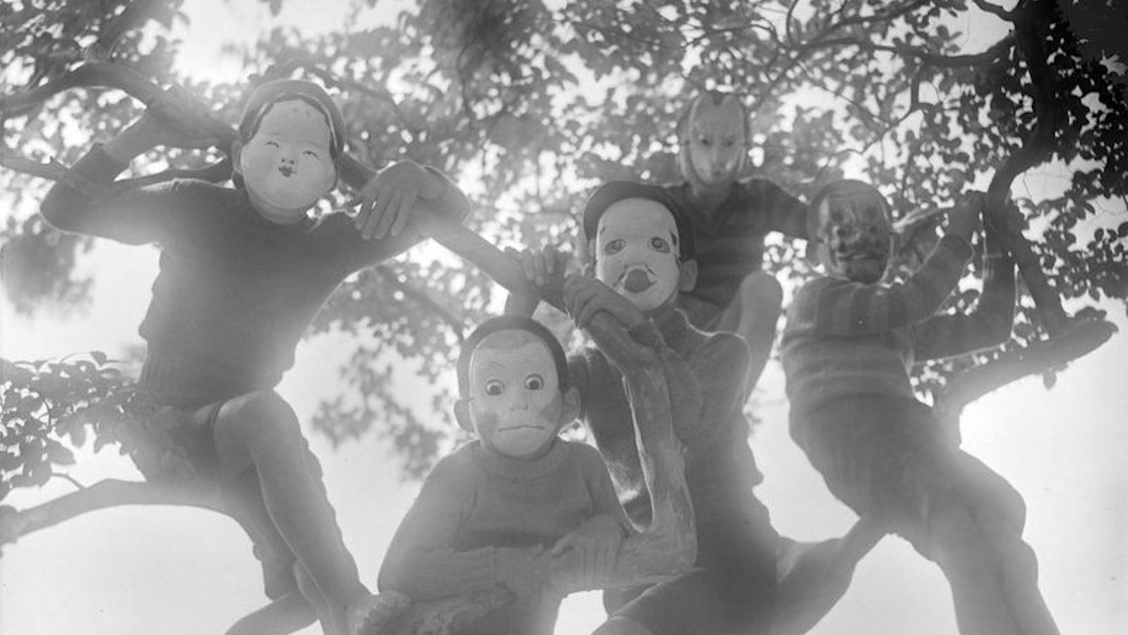 Four Seasons Spring A black and white photo of children in a tree wearing masks and looking down at the camera.