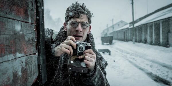 Against a wintry railroad tracks landscape a man holds up a camera and is about to take a photo