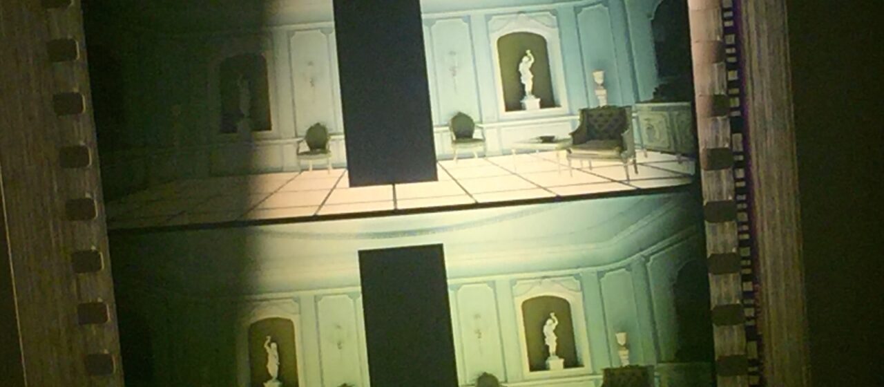 Two frames from the film 2001: A Space Odyssey showing the film projector sprockets on the side. The image is of a large black rectangle monolith standing straight in a white, ornate room with a glowing floor and statuaries on the walls.