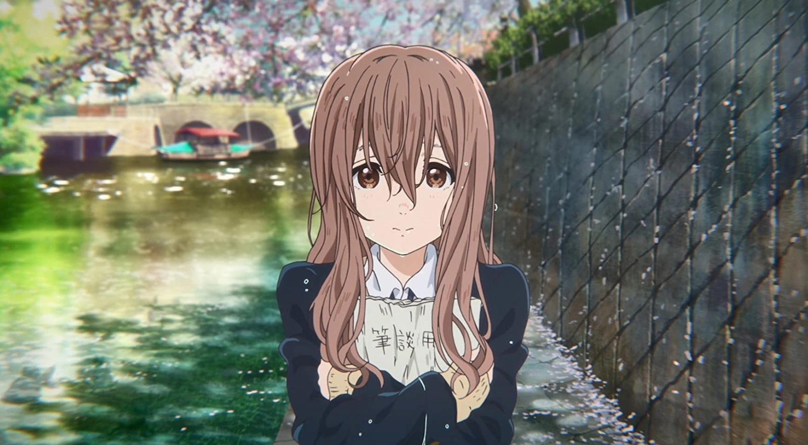 An anime image of a girl with long wet brown hair and big sad brown eyes clutching a book as she walks in the rain
