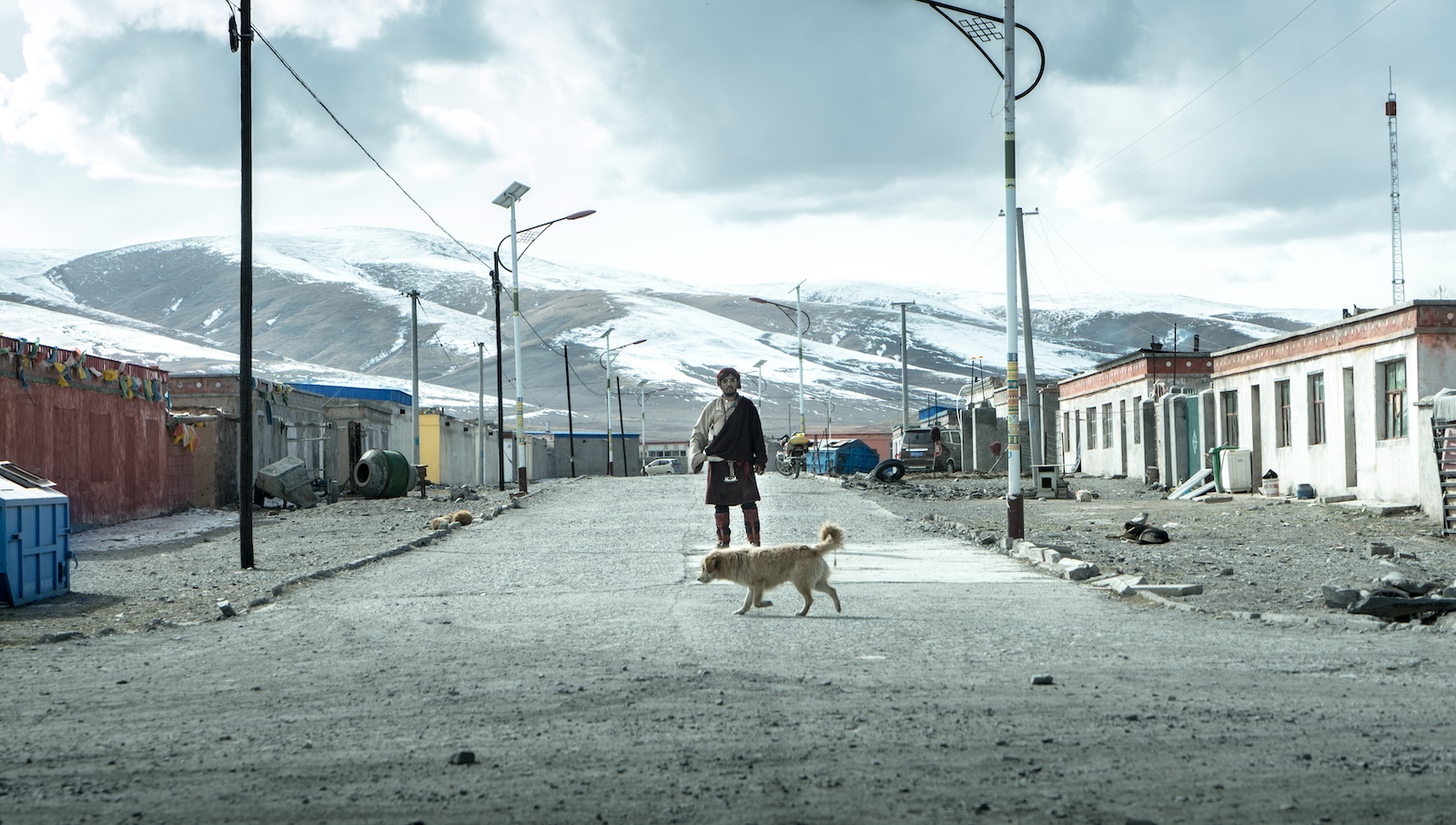 A person and a dog stand in the middle of an empty street in a mountainous town