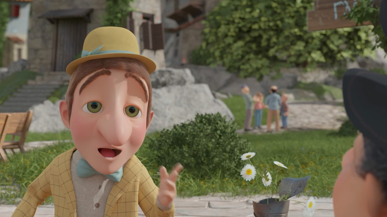 An animated image of a man with a bulbous nose and wearing a yellow bowler hat and jacket and blue bow tie, taking while gesturing