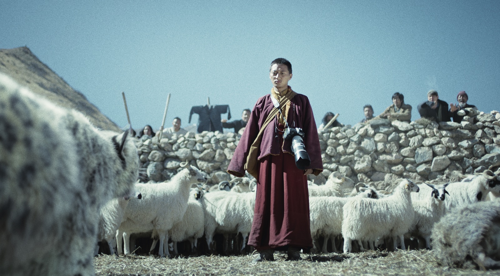 A Tibetan monk in a red robe stands amid a flock of sheep in a standoff with a white snow leopard facing him, seen slightly on the left of the frame