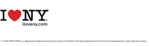 Logo for New York State Tourism showing capital "I," a red heart, capital "N" and capital "Y" and a second line in smaller text showing iloveny.com, with very small legal language underneath that.