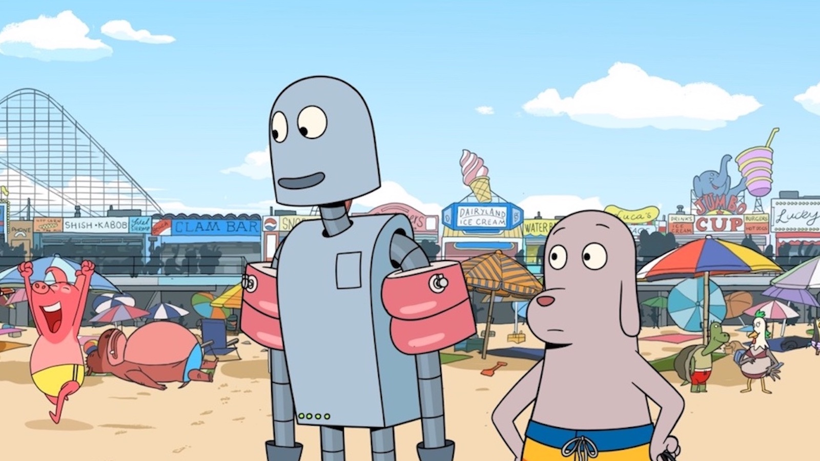 A cartoon image of a robot and a dog at the Coney Island beach, standing in shallow waters against an amusement park and arcade backdrop. The robot wears floaties on its arms and the dog holds a briefcase and a serious expression as they look off into the distance.