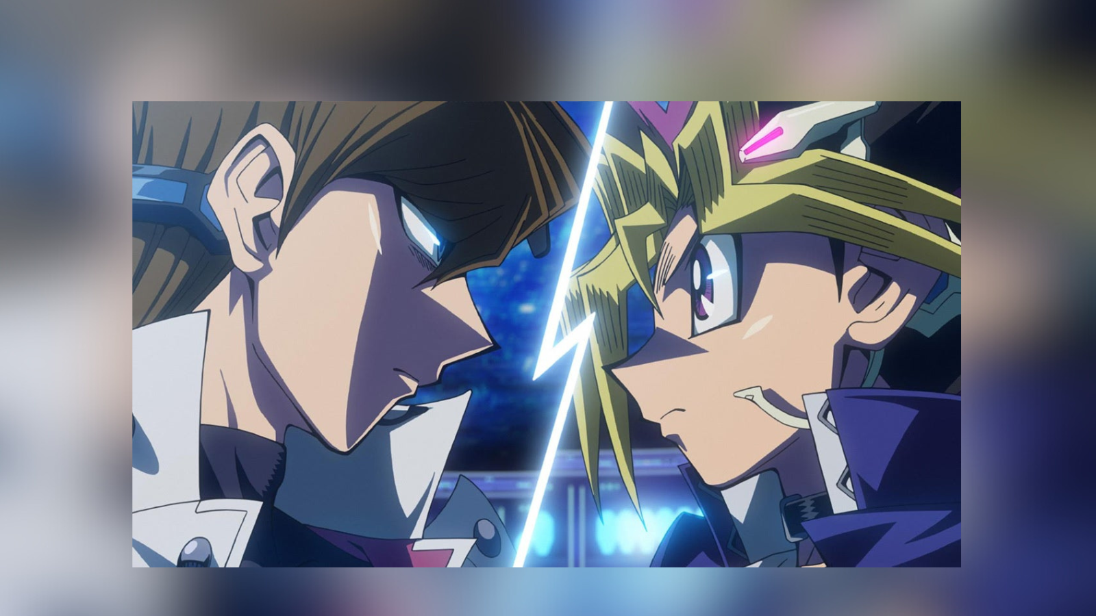 Still from an animated film shows two characters butting heads across a lightnig bolt separating them
