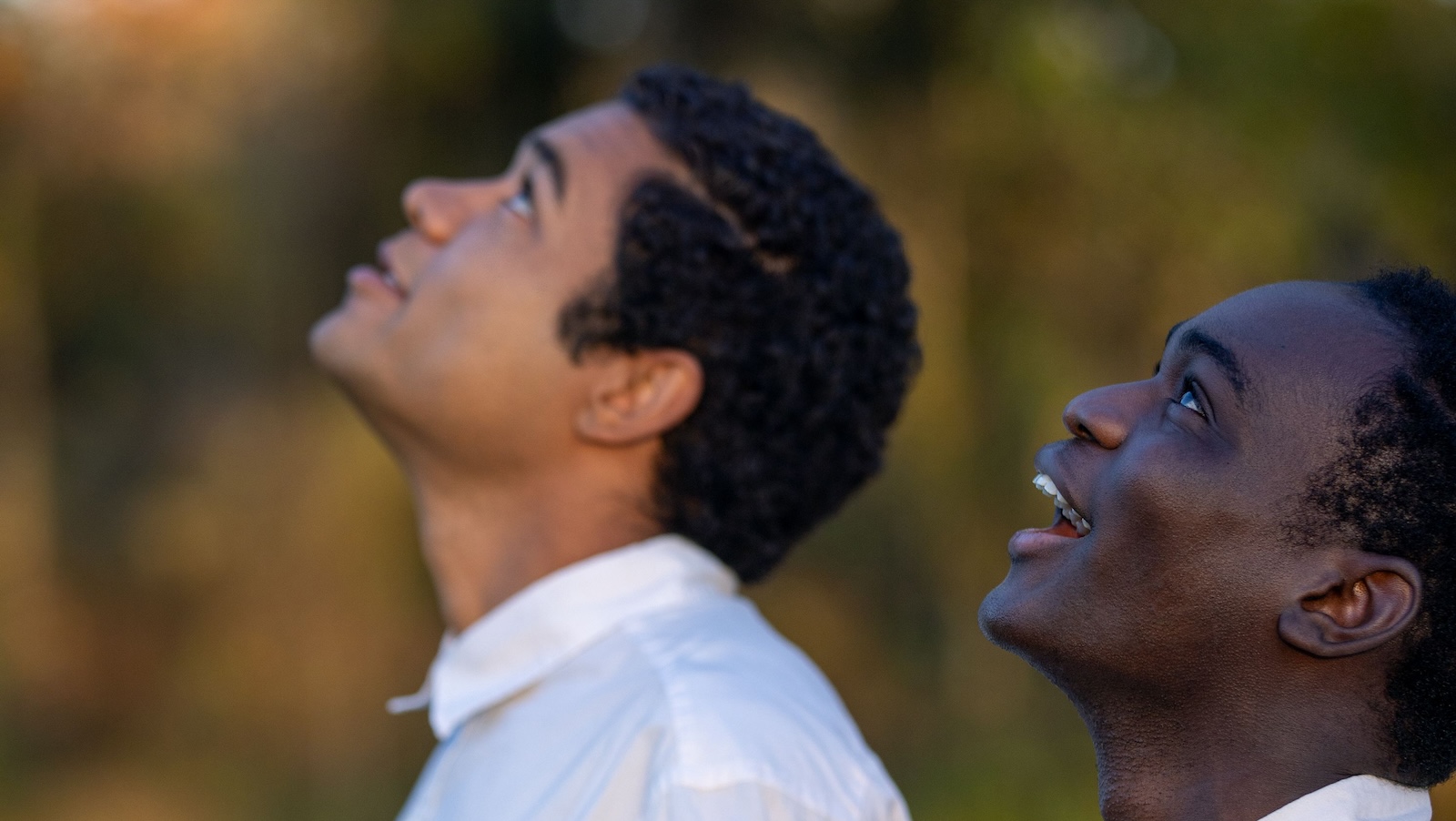 Two teenage boys in profile look up to the sky and smile.