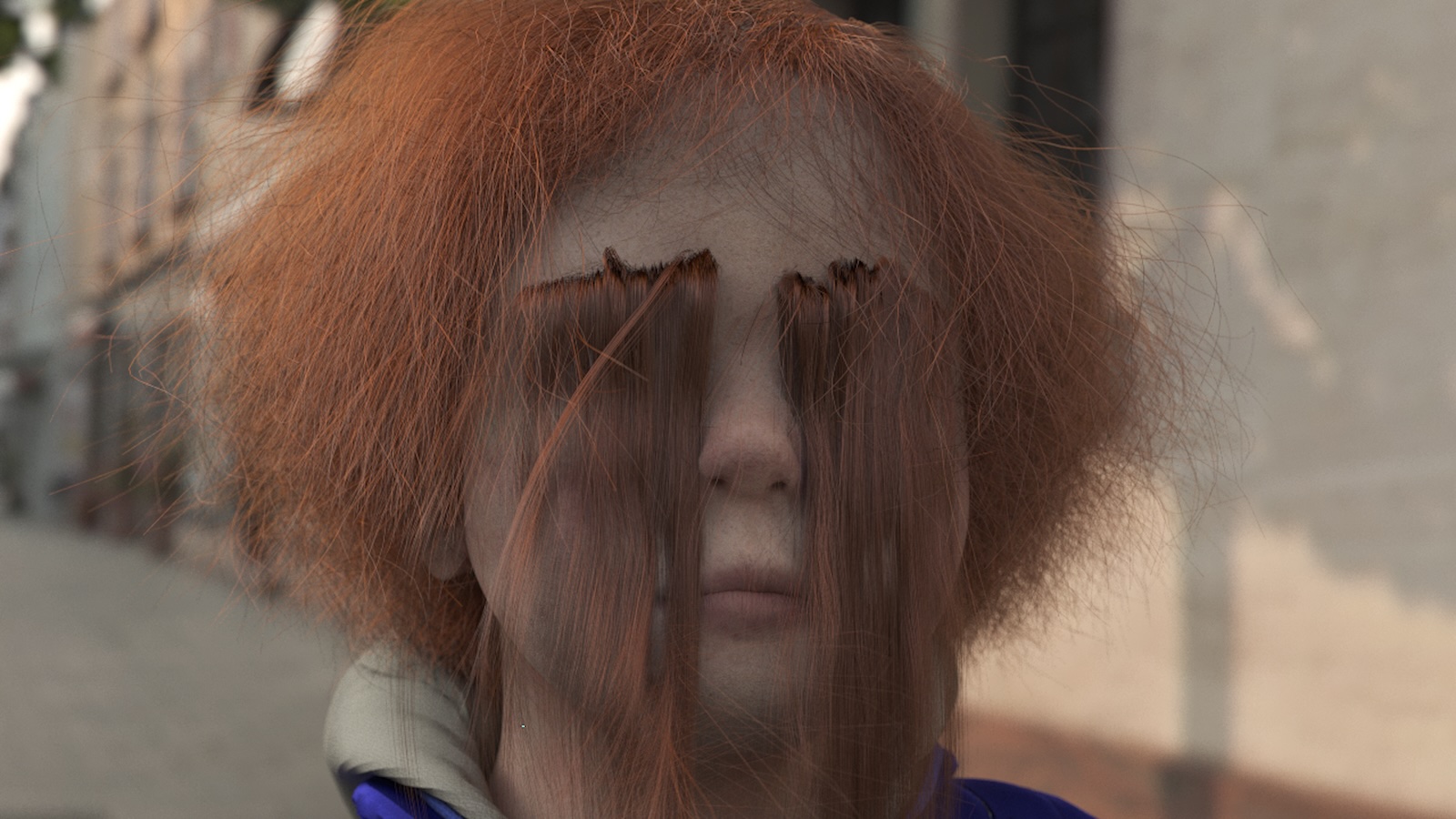 A computer generated image of a red-headed person with frizzy hair and long, bushy eyebrows that descend far below their chin.