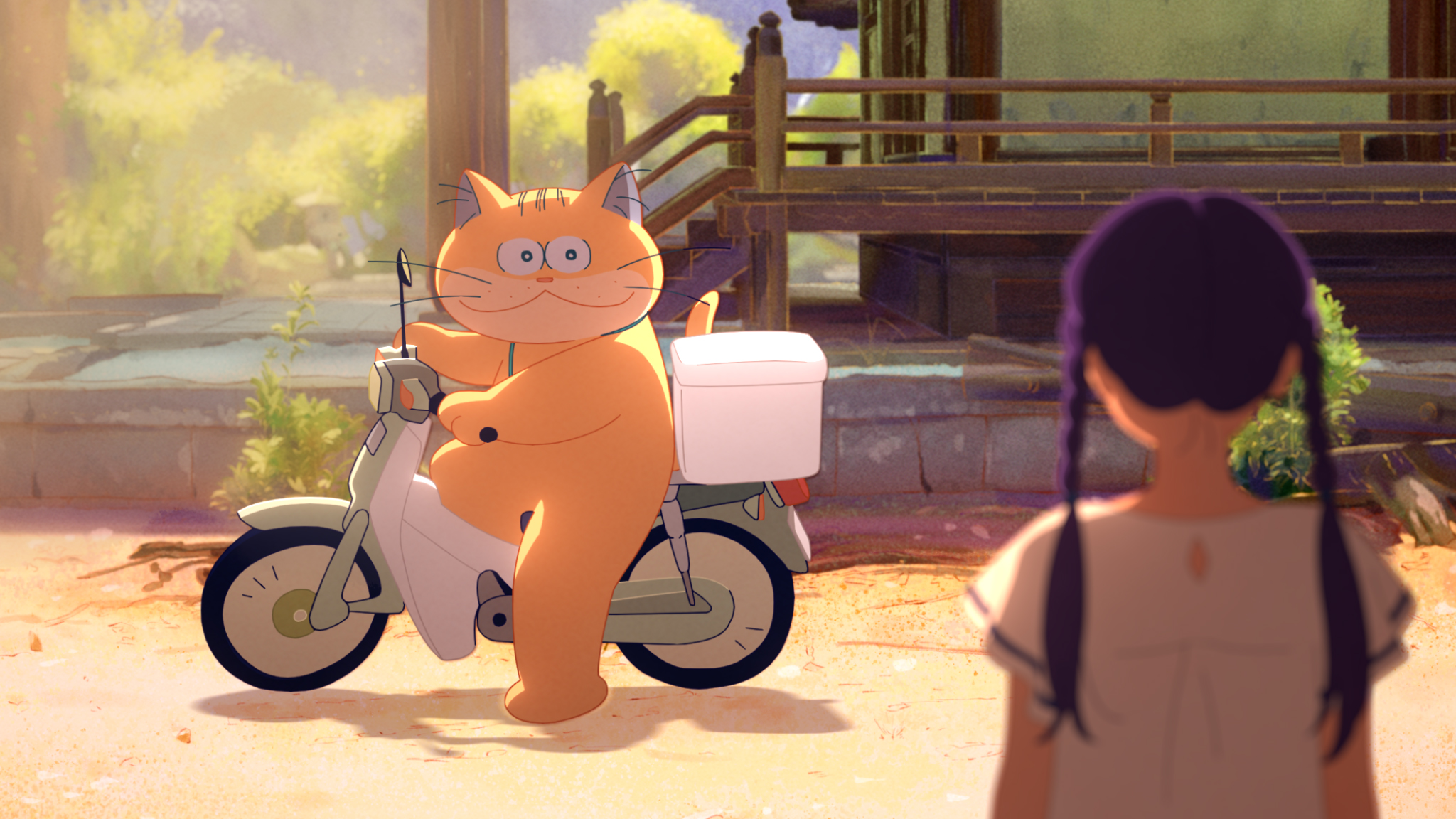 A smiling animated orange cat sits astride a motorcycle and looks at a girl with pigtails, who is seen from behind.
