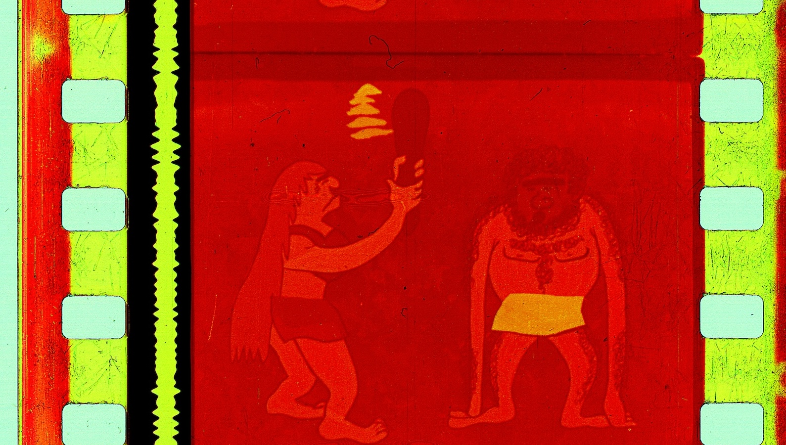A deep red-dyed film strip with an animated image of Egyptian figures.