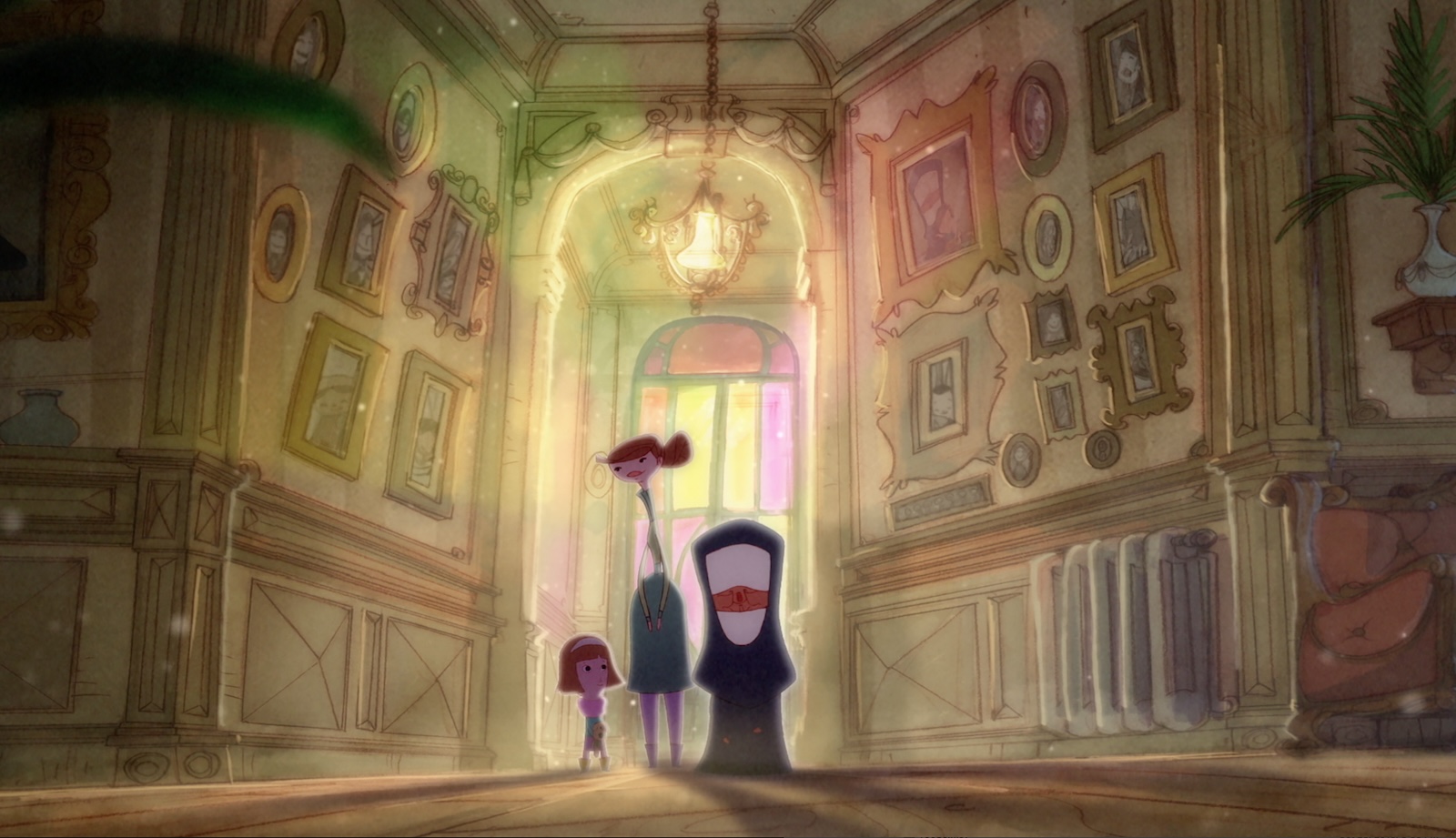 Three animated figures, a nun, a woman with a long neck, and a little girl, stand in a high-ceilinged room with many framed works of art on the walls in this animated image.