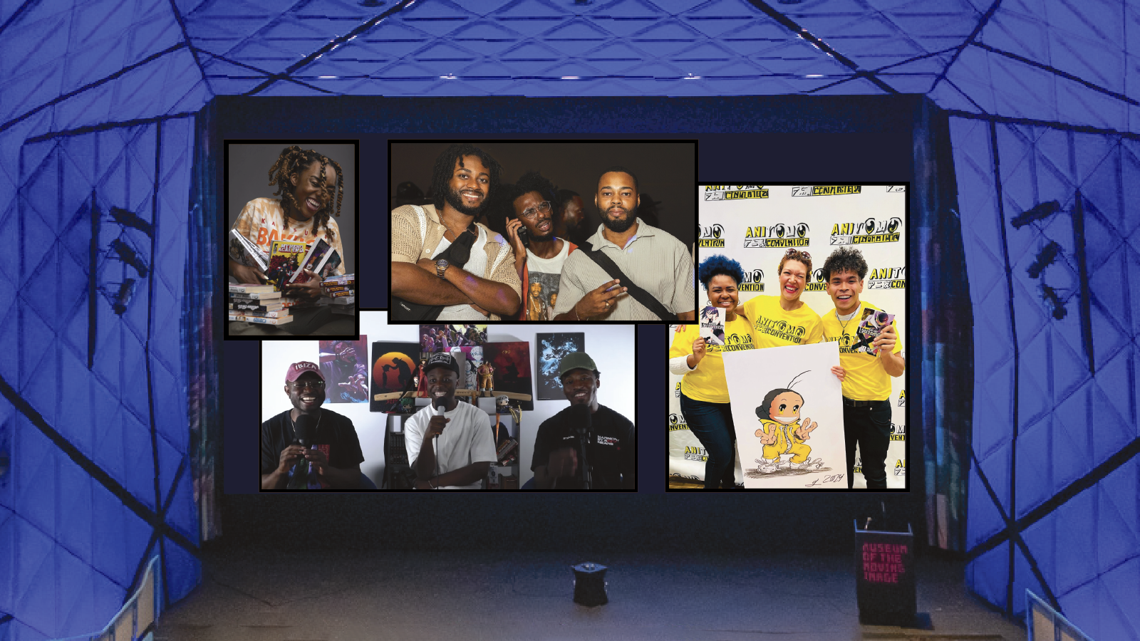 Photos of groups of young people collages on the backdrop of a stage in a theater with blue interior walls