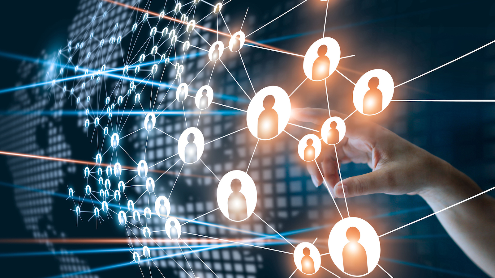 Hand of touching network connecting the human dots icon in business project management. Teamwork organization and brainstorm concept