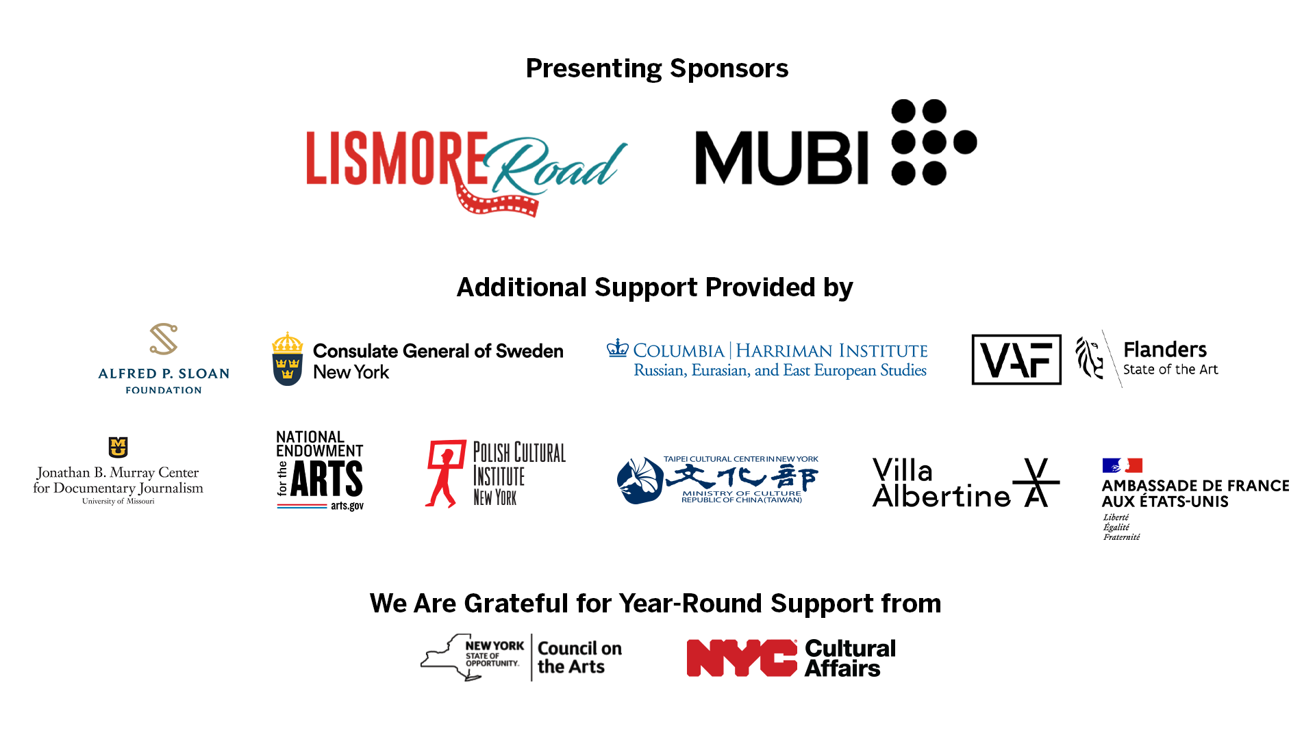 Array of logos for organizations who helped to support First Look festival 2025.