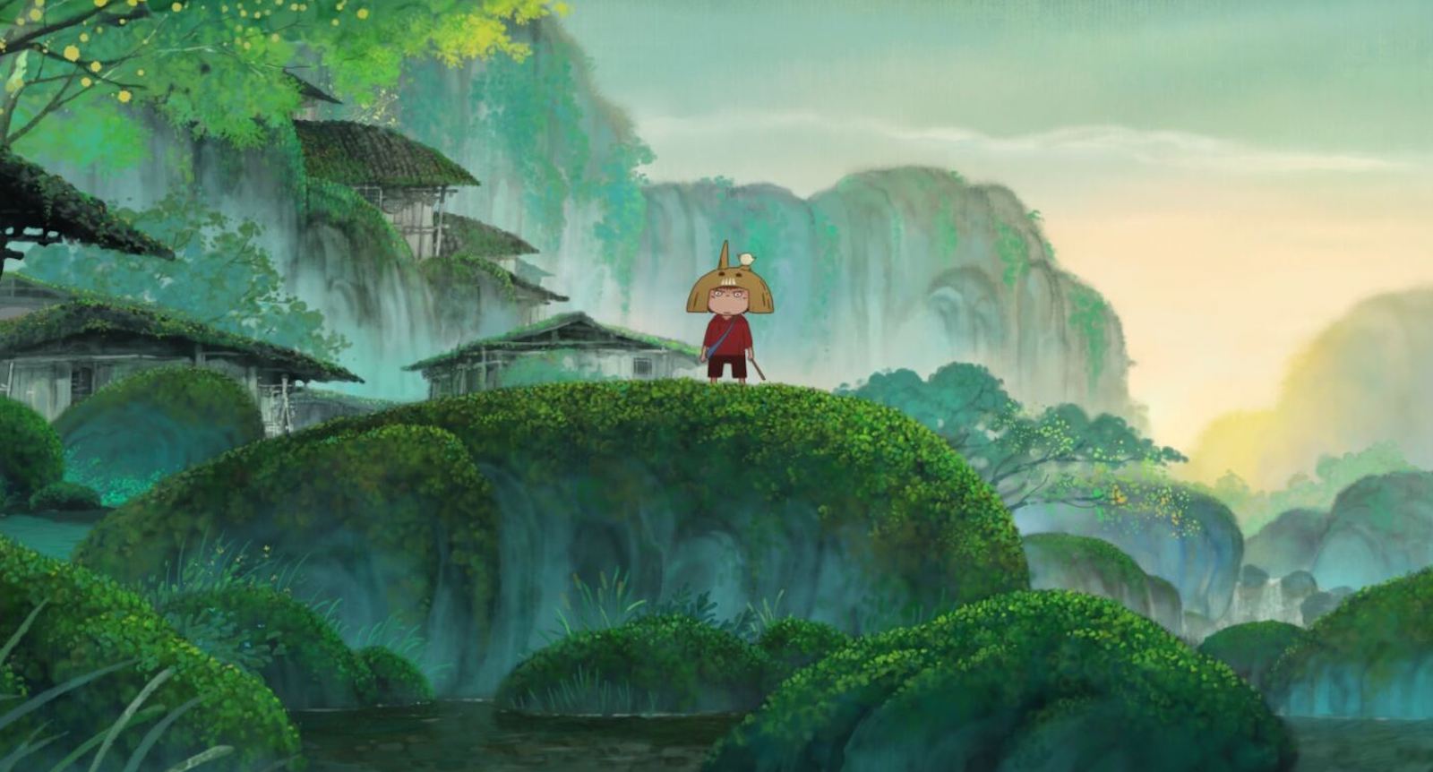 thestorm An animated character stands amidst a beautiful verdant Japanese landscape of mountains and waterfalls