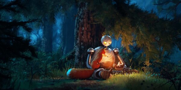 A large robot emanating a glowing light sits in a green forest at night looking at a baby chick in its hand, and a fox is perched on its leg.