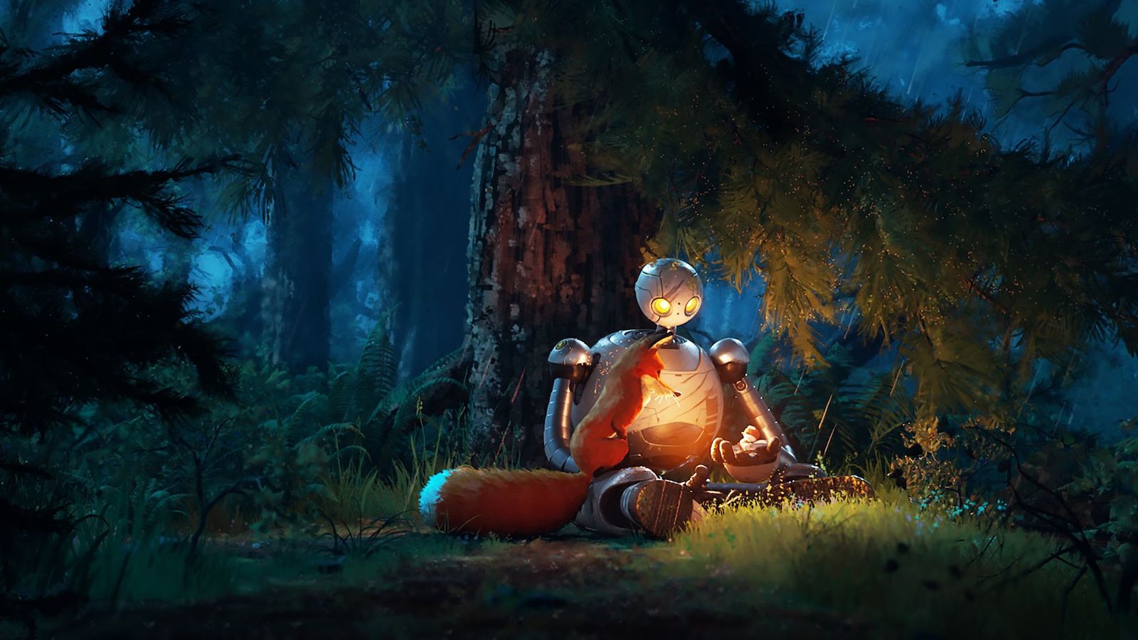 Wild Robot A large robot emanating a glowing light sits in a green forest at night looking at a baby chick in its hand, and a fox is perched on its leg.
