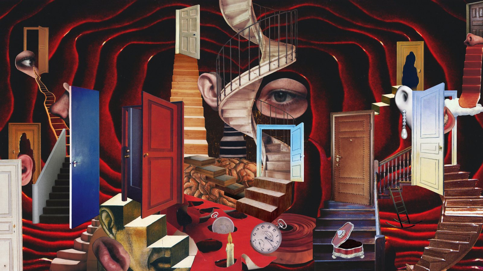 Dora_webpage Surreal colorful imagery showing winding stairways, a multitude of doorways, and large singular eye.