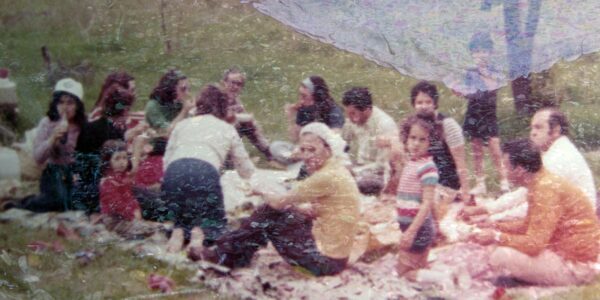 A degraded old photograph in color of people sitting on a blanket in a park having a picnic; the texture of the photo is cracked and bubbly, and many of the people look directly at the camera.