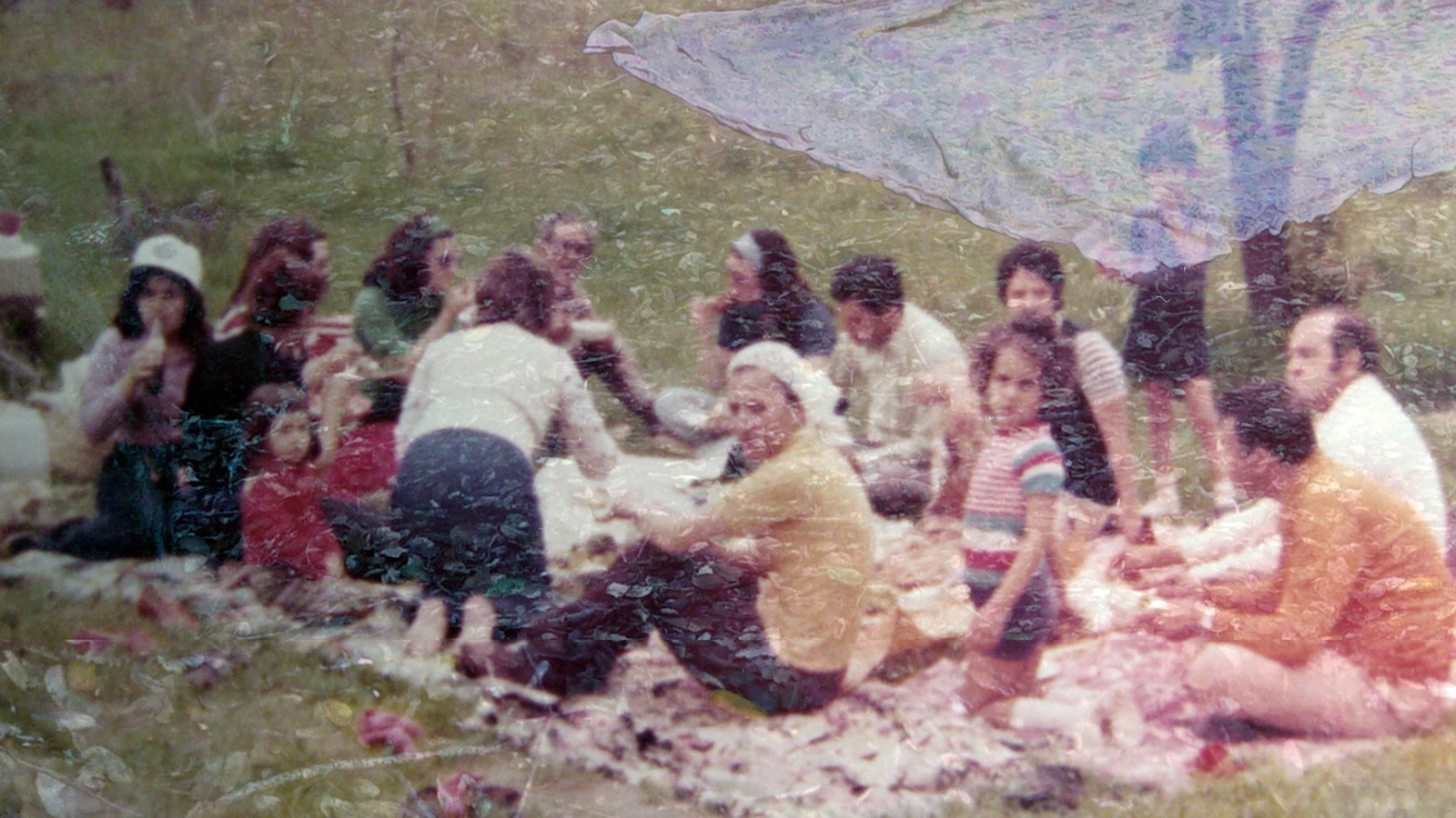 A degraded old photograph in color of people sitting on a blanket in a park having a picnic; the texture of the photo is cracked and bubbly, and many of the people look directly at the camera.