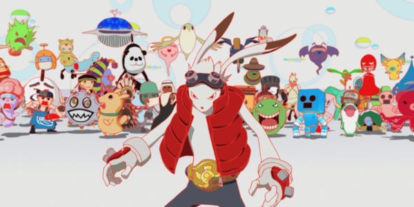 Still from animated film Summer Wars showing a rabbit-like fighter in the foreground with other colorful avatars behind him
