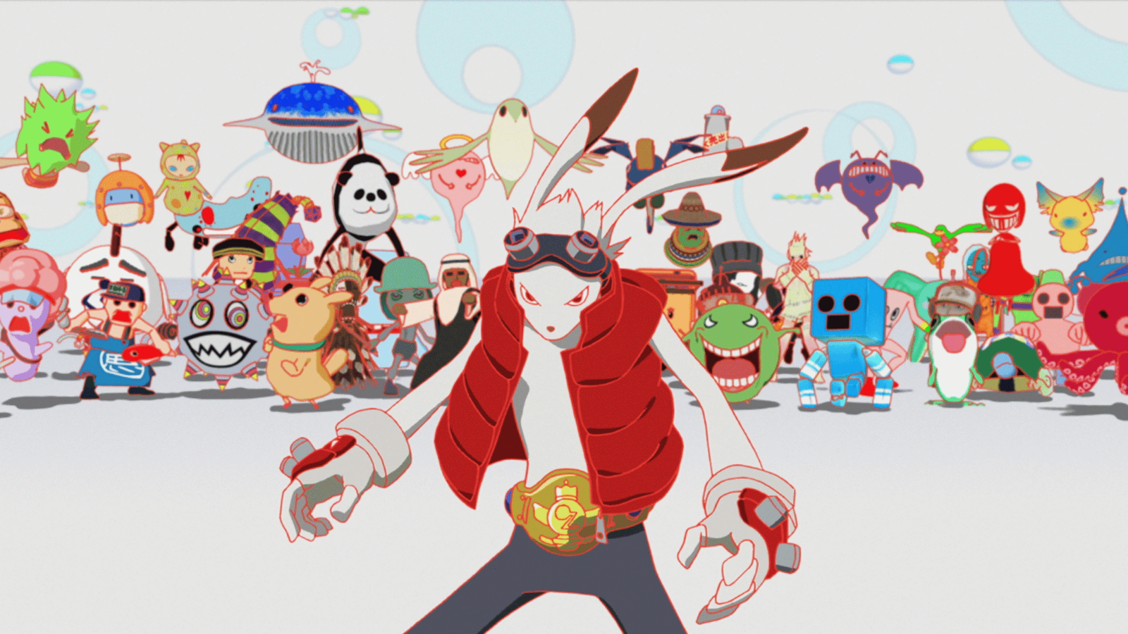 Still from animated film Summer Wars showing a rabbit-like fighter in the foreground with other colorful avatars behind him